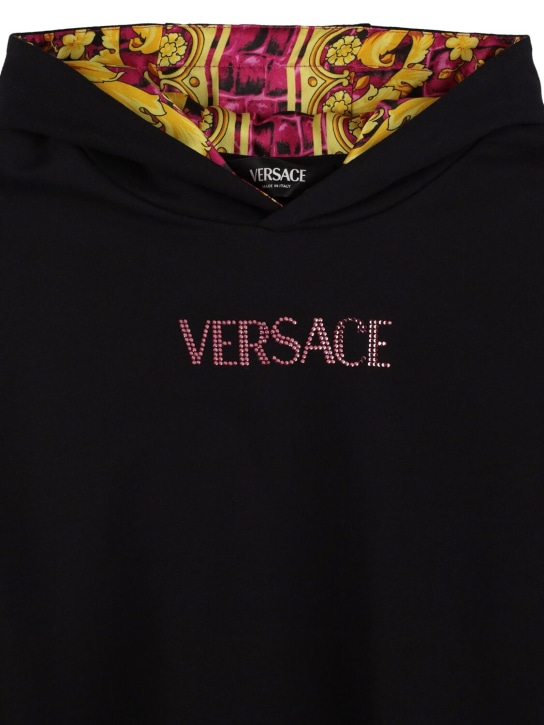Versace: Hooded cotton & twill dress w/logo - Schwarz/Multi - kids-girls_1 | Luisa Via Roma