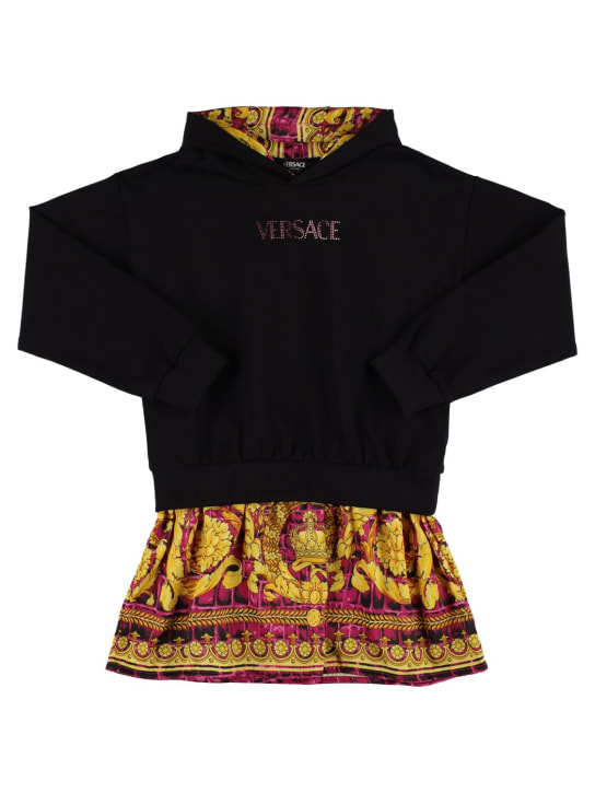 Versace: Hooded cotton & twill dress w/logo - Black/Multi - kids-girls_0 | Luisa Via Roma