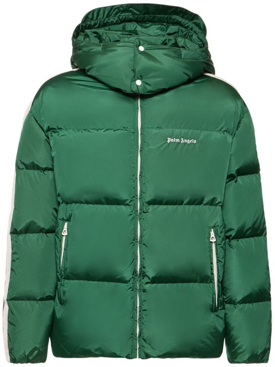 Palm Angels: Hooded nylon down track jacket - Forest Green - men_0 | Luisa Via Roma