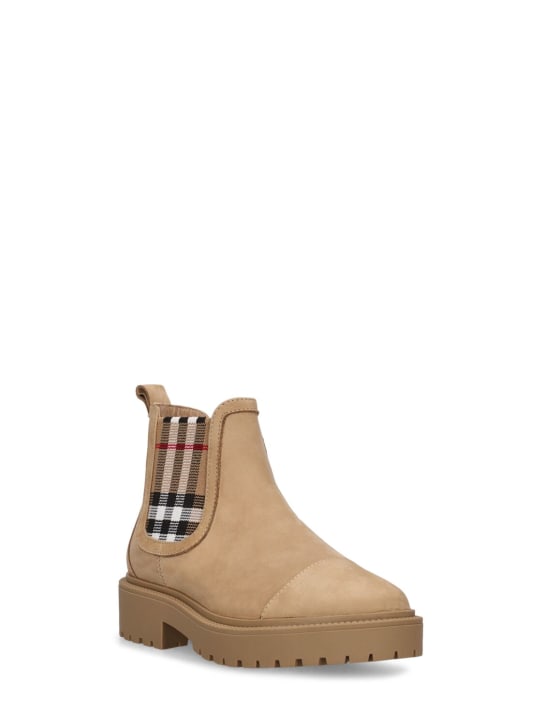 Burberry: Check print leather Chelsea boots - Beige - kids-boys_1 | Luisa Via Roma
