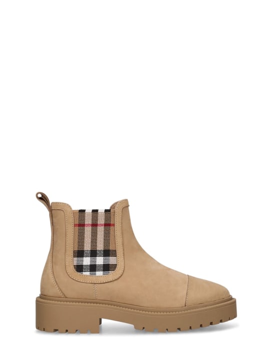 Burberry: Check print leather Chelsea boots - Beige - kids-girls_0 | Luisa Via Roma