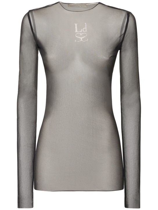 Ludovic de Saint Sernin: Crystal logo sheer mesh long sleeve top - Black - women_0 | Luisa Via Roma