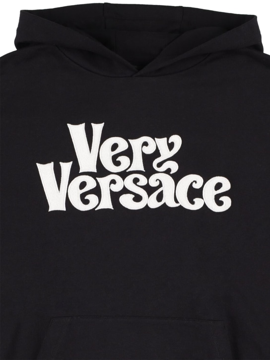 Versace: Logo刺绣棉质连帽卫衣 - 黑色 - kids-boys_1 | Luisa Via Roma
