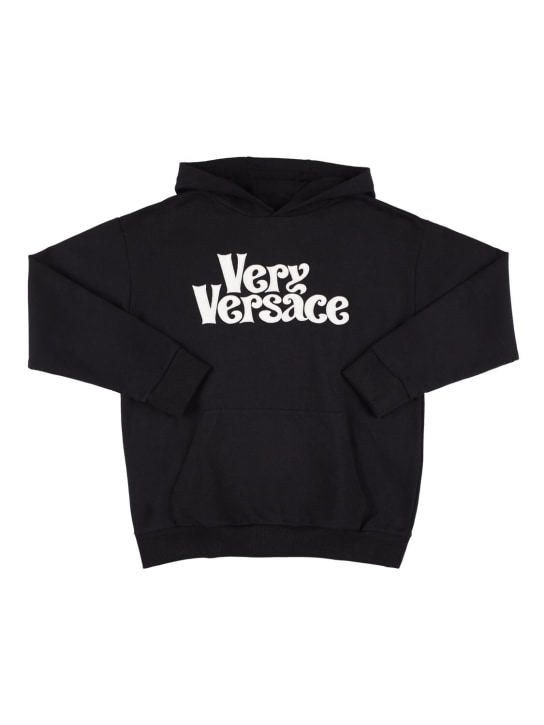 Versace: Embroidered logo cotton hoodie - Siyah - kids-girls_0 | Luisa Via Roma