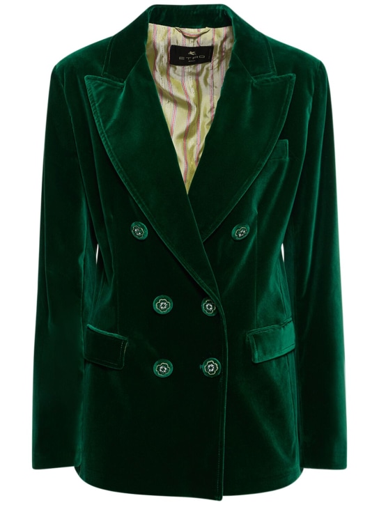 Etro: 双排扣天鹅绒西服夹克 - 深绿色 - women_0 | Luisa Via Roma