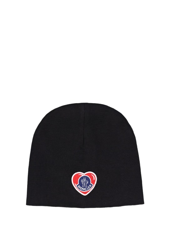 Moncler: Heart patch wool tricot beanie hat - Black - men_0 | Luisa Via Roma