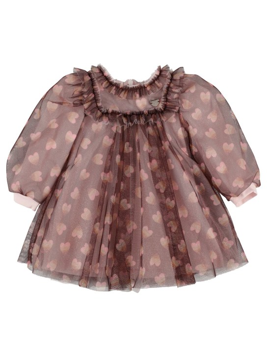Monnalisa: Heart printed glittered tulle dress - Kahverengi - kids-girls_0 | Luisa Via Roma