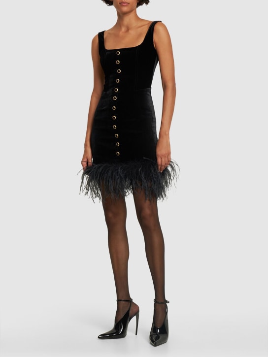 Alessandra Rich: Velvet mini dress w/ feathers - Siyah - women_1 | Luisa Via Roma