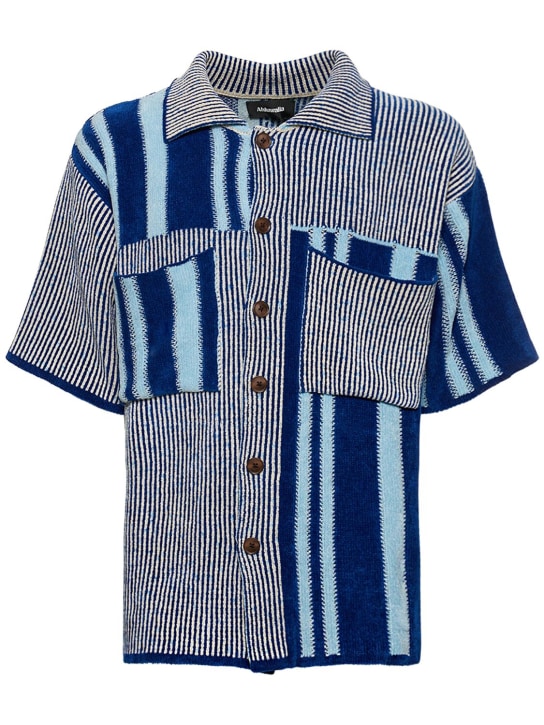 Ahluwalia: Camisa de punto de viscosa con manga corta - Azul/Blanco - men_0 | Luisa Via Roma