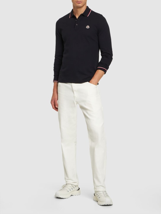 Moncler: Long sleeves cotton piquet polo shirt - Lacivert - men_1 | Luisa Via Roma