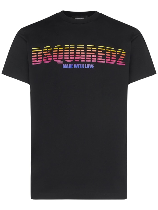 Dsquared2: Logo印花棉质平纹针织T恤 - 黑色 - men_0 | Luisa Via Roma