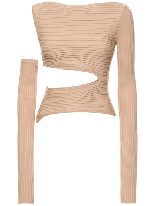 Andreadamo: Ribbed knit cutout long sleeve top - Nude 001 - women_0 | Luisa Via Roma