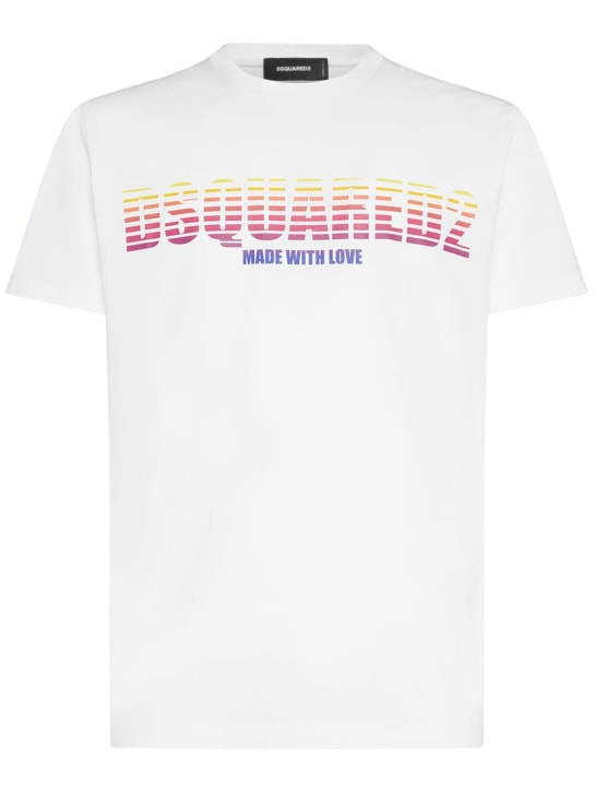 Dsquared2: Logo printed cotton jersey t-shirt - Beyaz - men_0 | Luisa Via Roma
