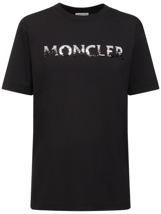 Moncler: Logo cotton jersey t-shirt - Siyah - women_0 | Luisa Via Roma