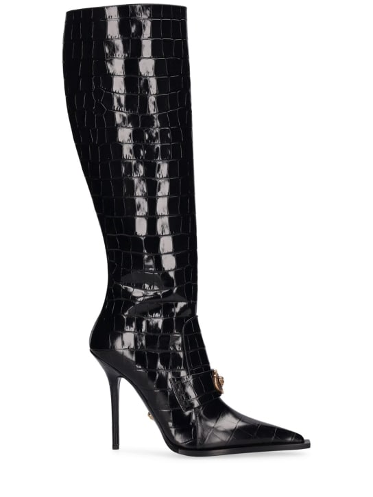 Versace: Stivali in pelle stampa coccodrillo 110mm - Nero - women_0 | Luisa Via Roma