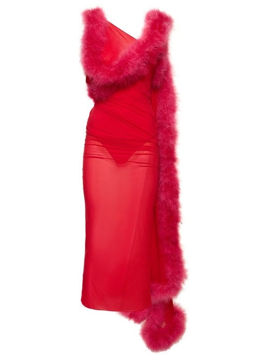 The Attico: Sheer jersey midi dress w/ feather trim - Red - women_0 | Luisa Via Roma