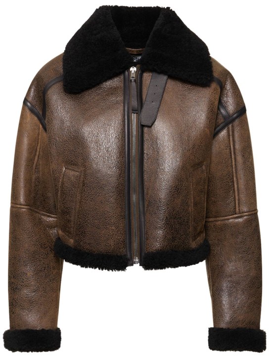Acne Studios: Leather shearling jacket - Koyu Kahverengi - women_0 | Luisa Via Roma