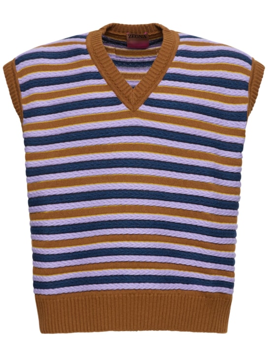 Zegna X The Elder Statesman: Striped cashmere & wool v neck vest - Mavi/Mor - men_0 | Luisa Via Roma
