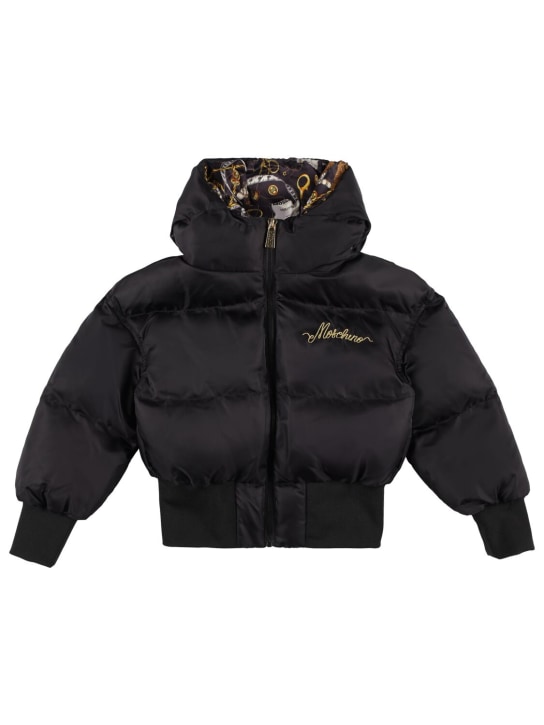 Moschino: Embroidered logo nylon puffer jacket - Black - kids-girls_0 | Luisa Via Roma