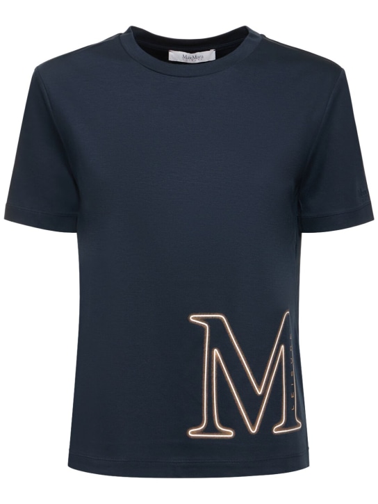 Max Mara: T-shirt Monviso in cotone e modal con logo - Blu/Cammello - women_0 | Luisa Via Roma