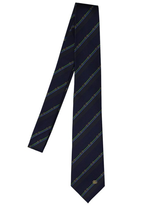 Gucci: 7cm Lynn silk tie - Navy/Green - men_0 | Luisa Via Roma
