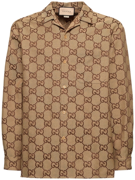 Gucci: Bowlinghemd aus Baumwollmischung mit Druck - Camel/Ebony - men_0 | Luisa Via Roma