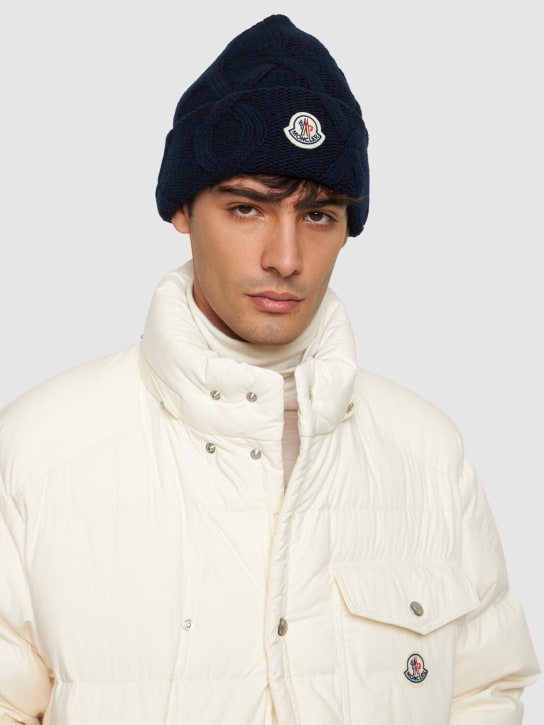 Moncler: Tricot carded wool beanie - Blue - men_1 | Luisa Via Roma