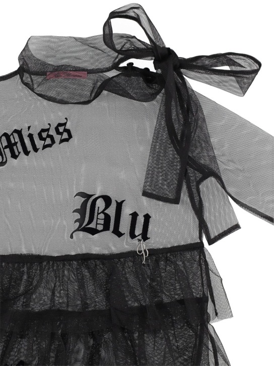 Miss Blumarine: Flocked logo tulle & jersey dress - Siyah - kids-girls_1 | Luisa Via Roma