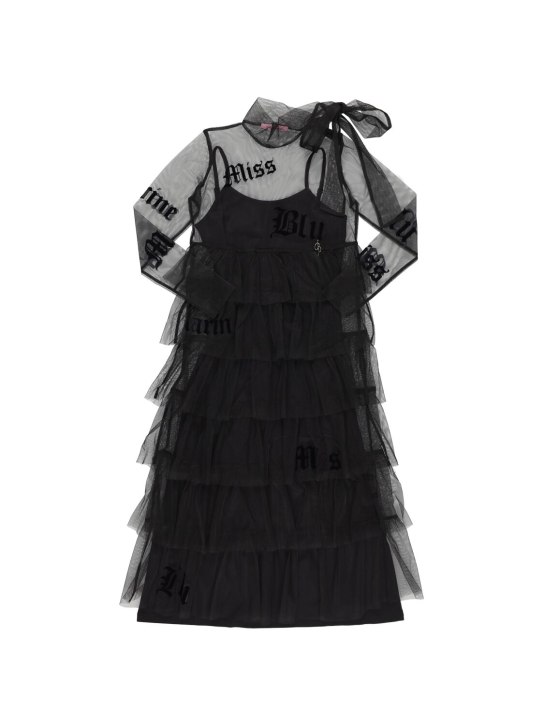 Miss Blumarine: Flocked logo tulle & jersey dress - Siyah - kids-girls_0 | Luisa Via Roma