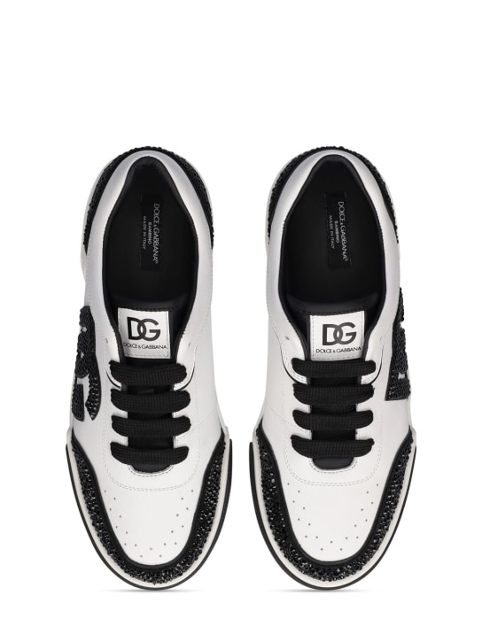 Dolce&Gabbana: Sneakers à lacets en cuir pailleté à logo - Noir/Blanc - kids-girls_1 | Luisa Via Roma