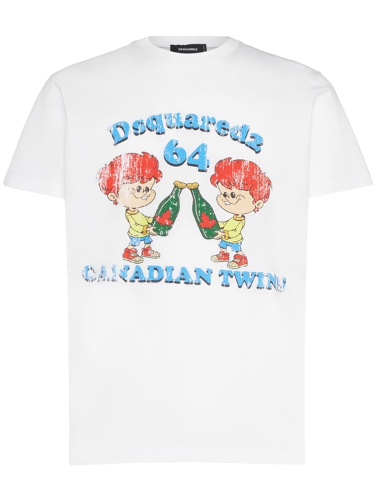 Dsquared2: Canadian Twins 프린트 코튼 티셔츠 - 화이트 - men_0 | Luisa Via Roma