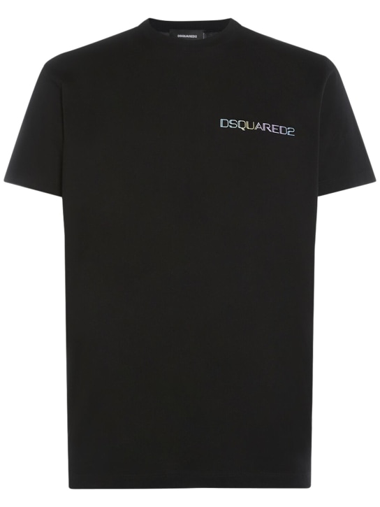 Dsquared2: T-shirt en coton imprimé Palm Beach - Noir - men_0 | Luisa Via Roma