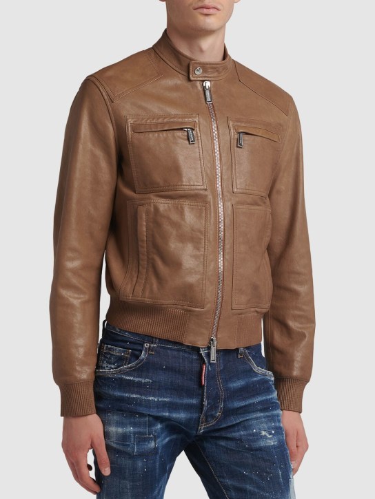 Dsquared2: Rocco Siffredi leather zip jacket - Dark Chocolate - men_1 | Luisa Via Roma