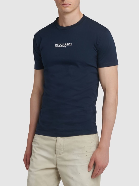 Dsquared2: T-shirt in jersey di cotone con logo - Blu Navy - men_1 | Luisa Via Roma