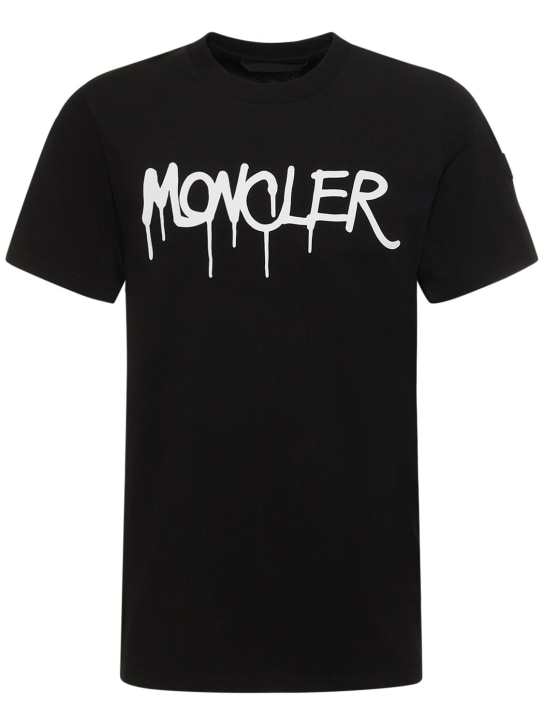 Moncler: 로고 디테일 해비 코튼 티셔츠 - 블랙 - men_0 | Luisa Via Roma