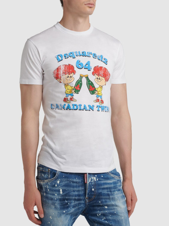 Dsquared2: T-shirt Canadian Twins in cotone con stampa - Bianco - men_1 | Luisa Via Roma