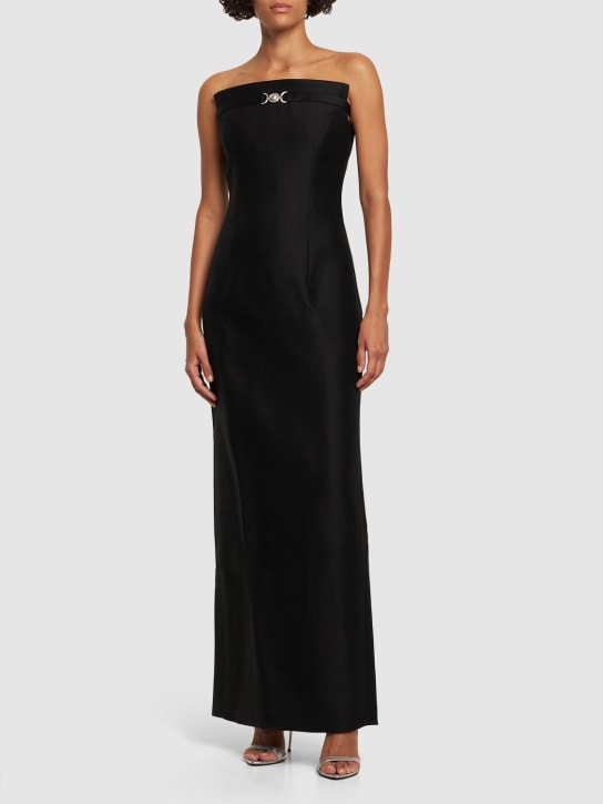 Versace: Wool & silk twill long dress w/ logo - Black - women_1 | Luisa Via Roma