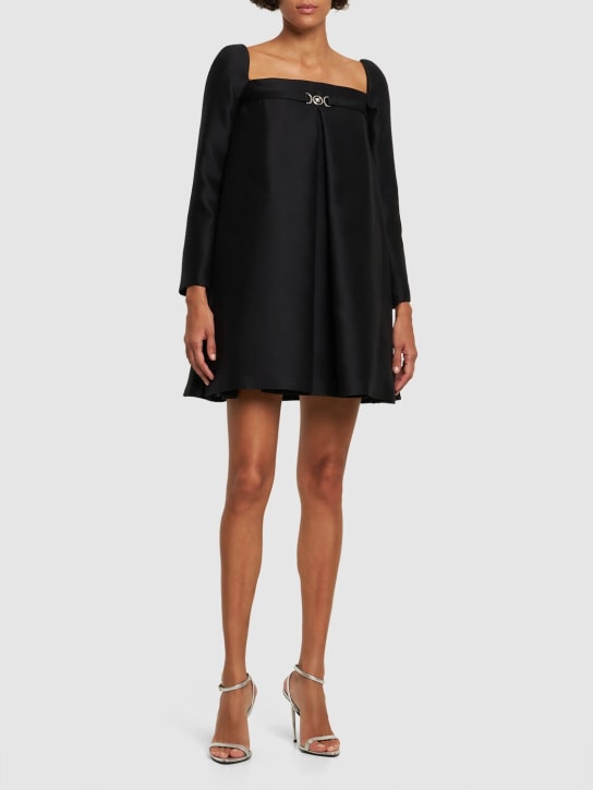 Versace: Wool & silk twill long sleeve mini dress - Schwarz - women_1 | Luisa Via Roma