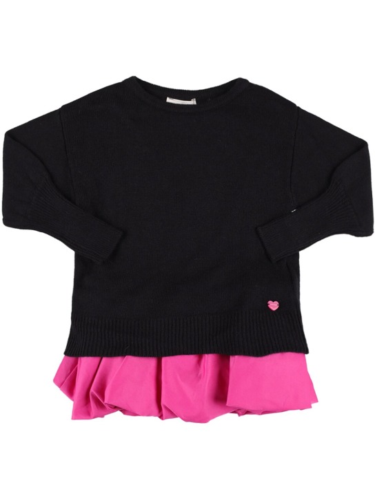 Monnalisa: Cotton knit & satin dress - Siyah/Fuşya - kids-girls_0 | Luisa Via Roma