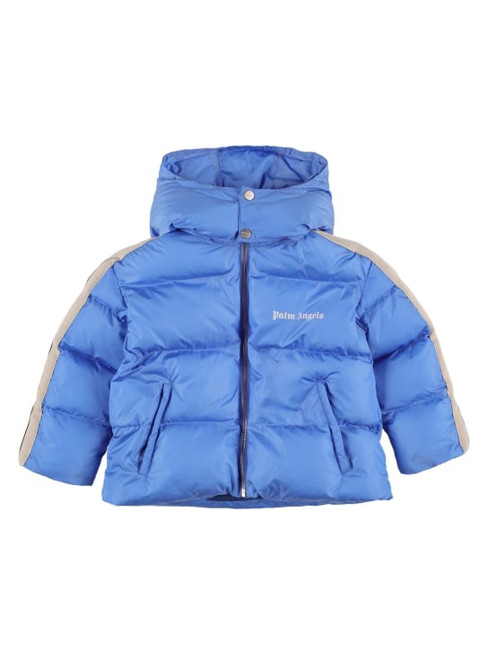 Palm Angels: Logo track hooded puffer jacket - Turquoise - kids-boys_0 | Luisa Via Roma