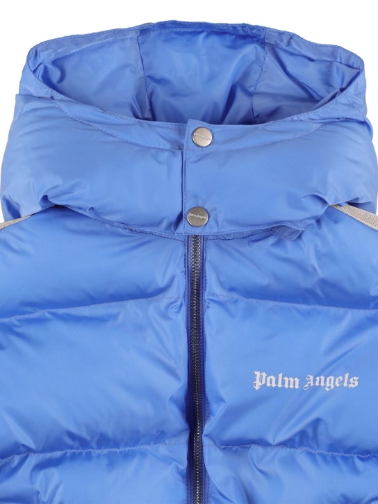 Palm Angels: Logo track hooded puffer jacket - Turquoise - kids-boys_1 | Luisa Via Roma
