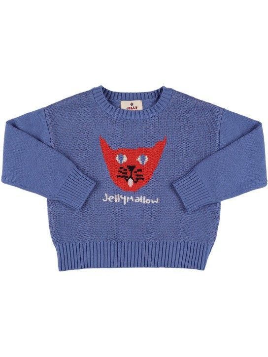 Jellymallow: Cat intarsia wool blend sweater - Blue - kids-girls_0 | Luisa Via Roma