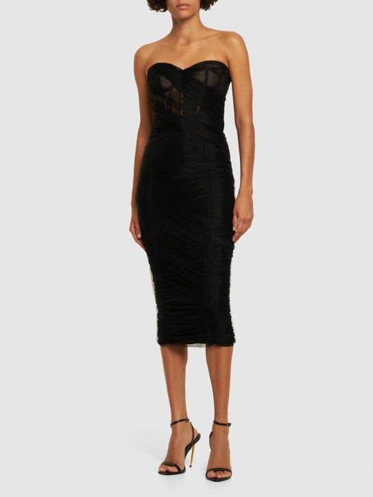 Dolce&Gabbana: 드레이프트 튤 스트랩리스 미디 코르셋 드레스 - 블랙 - women_1 | Luisa Via Roma