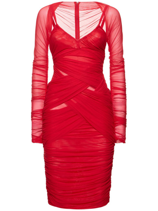 Dolce&Gabbana: Vestito midi in tulle drappeggiato - Rosso - women_0 | Luisa Via Roma