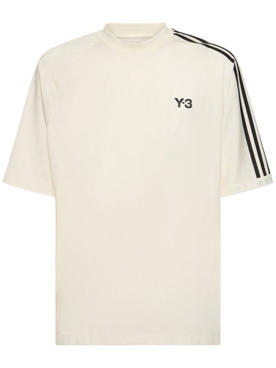 Y-3: T-shirt en coton à logo à 3 bandes - Owhite/Black - men_0 | Luisa Via Roma