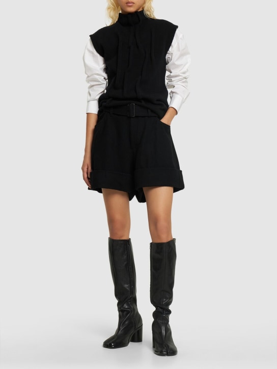 Yohji Yamamoto: Belted flannel cuffed shorts - Black - women_1 | Luisa Via Roma