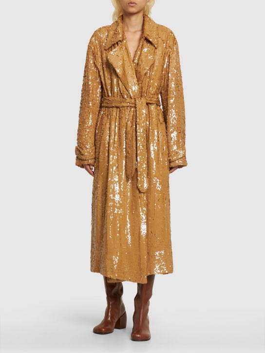 Dries Van Noten: Ronas sequined viscose coat w/ belt - Camel - women_1 | Luisa Via Roma