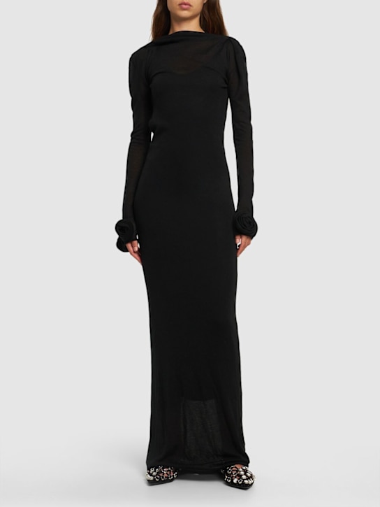 Blumarine: Jersey & wool long dress w/ roses - Black - women_1 | Luisa Via Roma