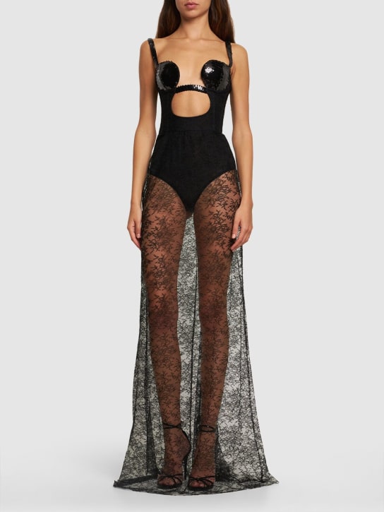 Nensi Dojaka: Sequined lace maxi corset dress - Black - women_1 | Luisa Via Roma