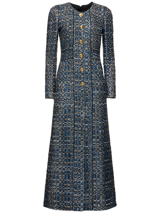 Giambattista Valli: Lurex tweed long sleeve midi dress - Mavi/Altın - women_0 | Luisa Via Roma